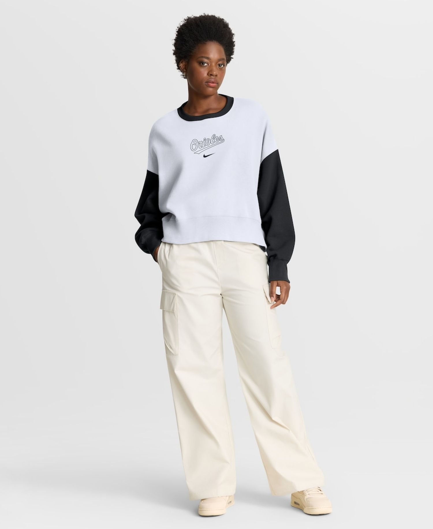 Women's White/Black Baltimore Orioles Oversized High Hip Fleece Sweatshirt