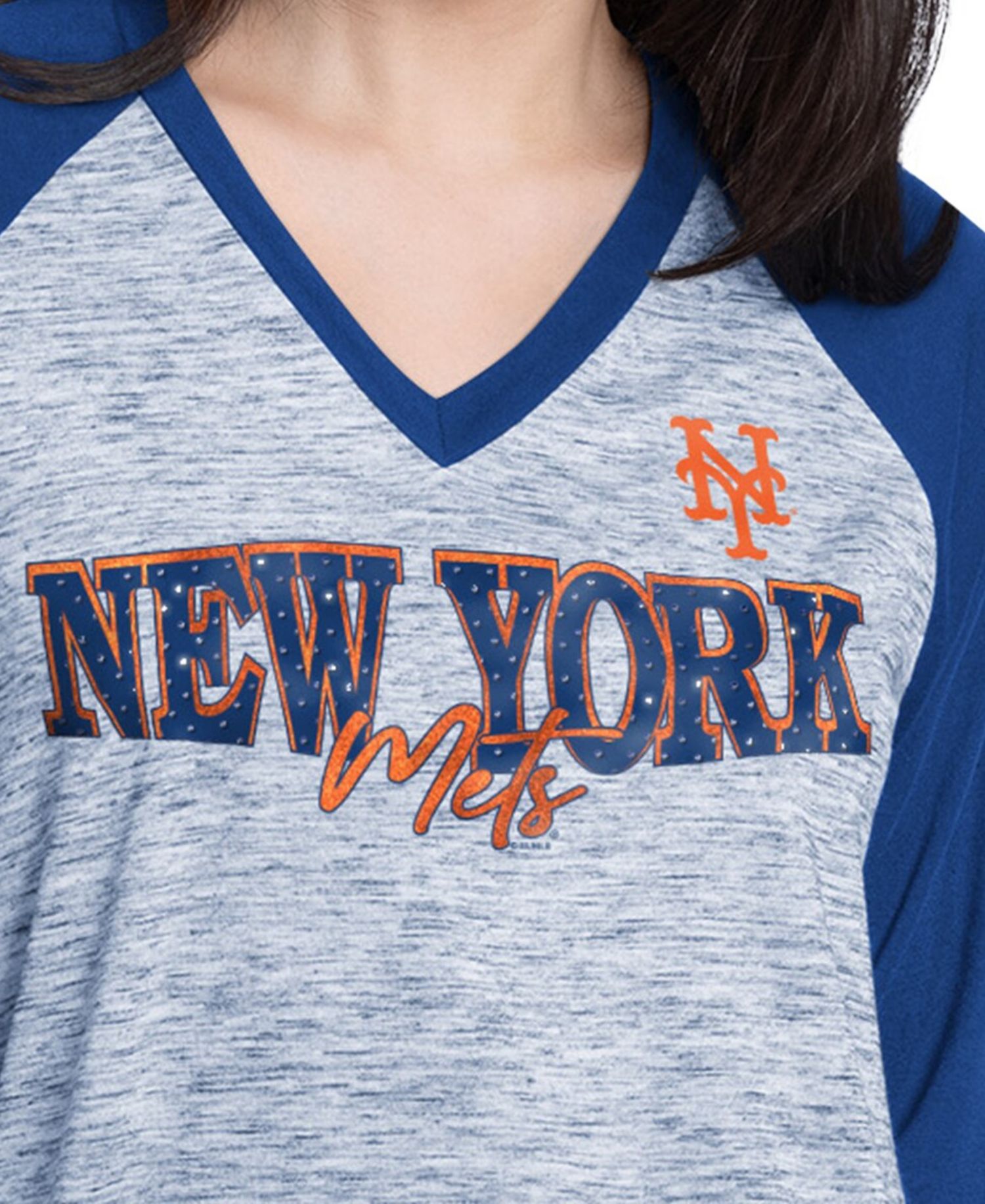 Women's Royal/Heather Royal New York Mets Speed Training 3/4-Sleeve Rhinestone V-Neck T-Shirt
