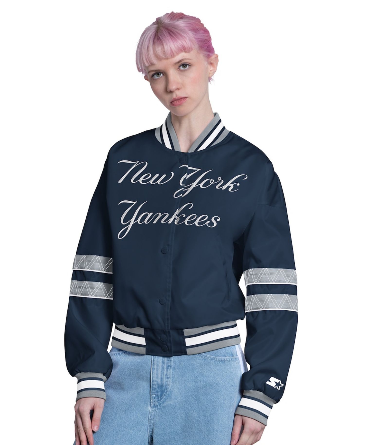 Women's Navy New York Yankees Interception Full-Snap Varsity Jacket