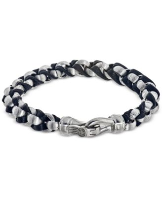 Esquire Men's Jewelry - Twist Link Bracelet in Black Leather and Stainless Steel