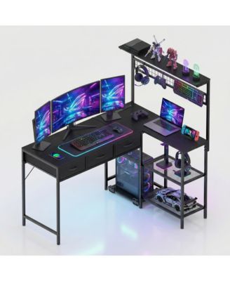 50.4" L Shaped Computer Desk with Power Outlets and LED Lights, Reversible Home Office Desk with 3-Tier Storage Shelves and Drawer
