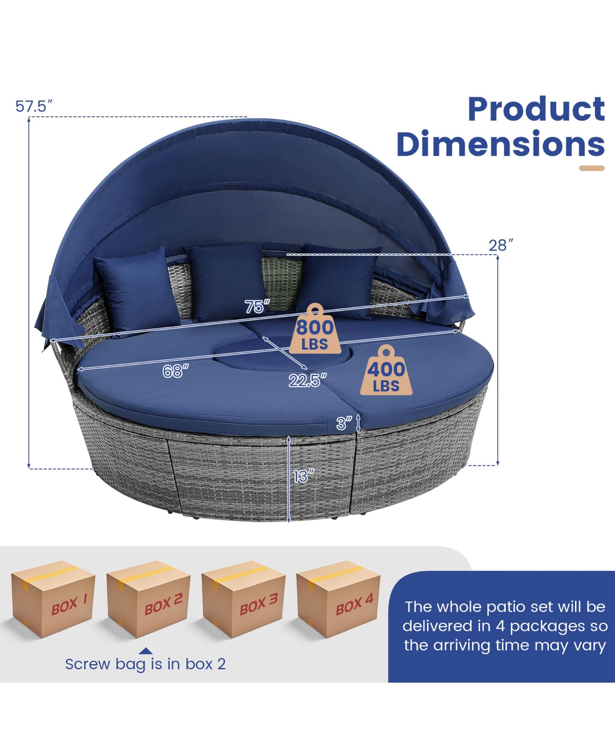 Gymax Outdoor Round Daybed with Retractable Canopy and Side Table Backyard Poolside Lawn