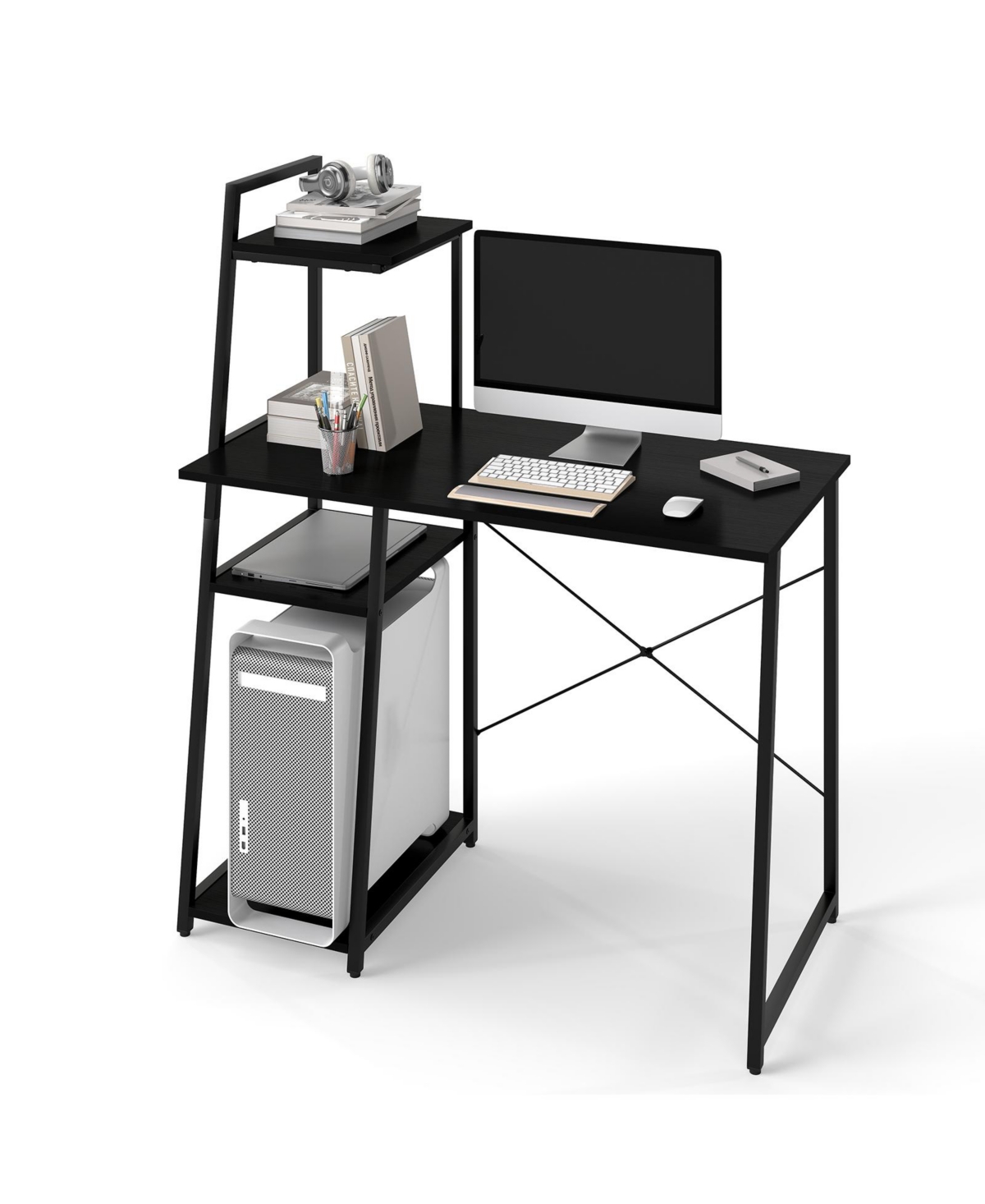 Gymax Home Office Desk Pc Laptop Workstation with Bookshelf Host Stand Metal Frame