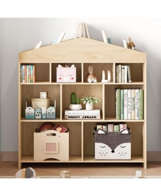 Kids Wooden Bookshelf Toy Storage Organizer with 9 Cubbies Playhouse Style Bookcase for Playroom Bedroom