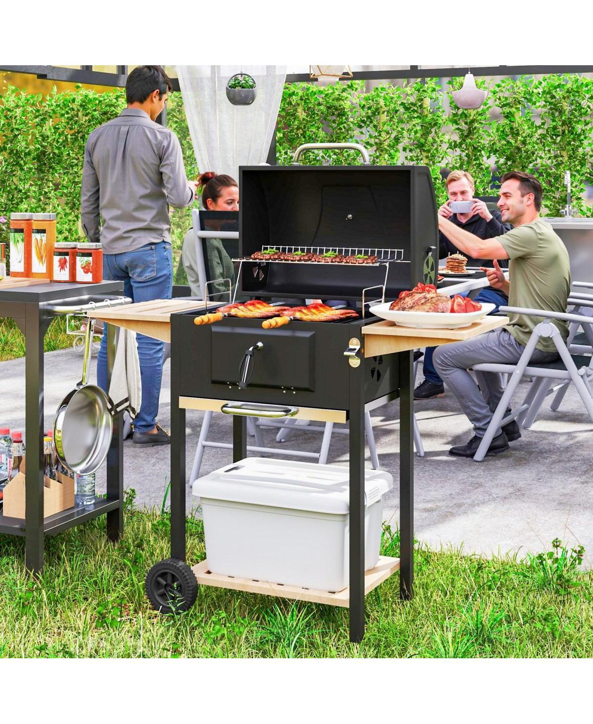 Asagikoiai Large Charcoal Bbq Grill with Thermometer, Wheels and Side Shelves