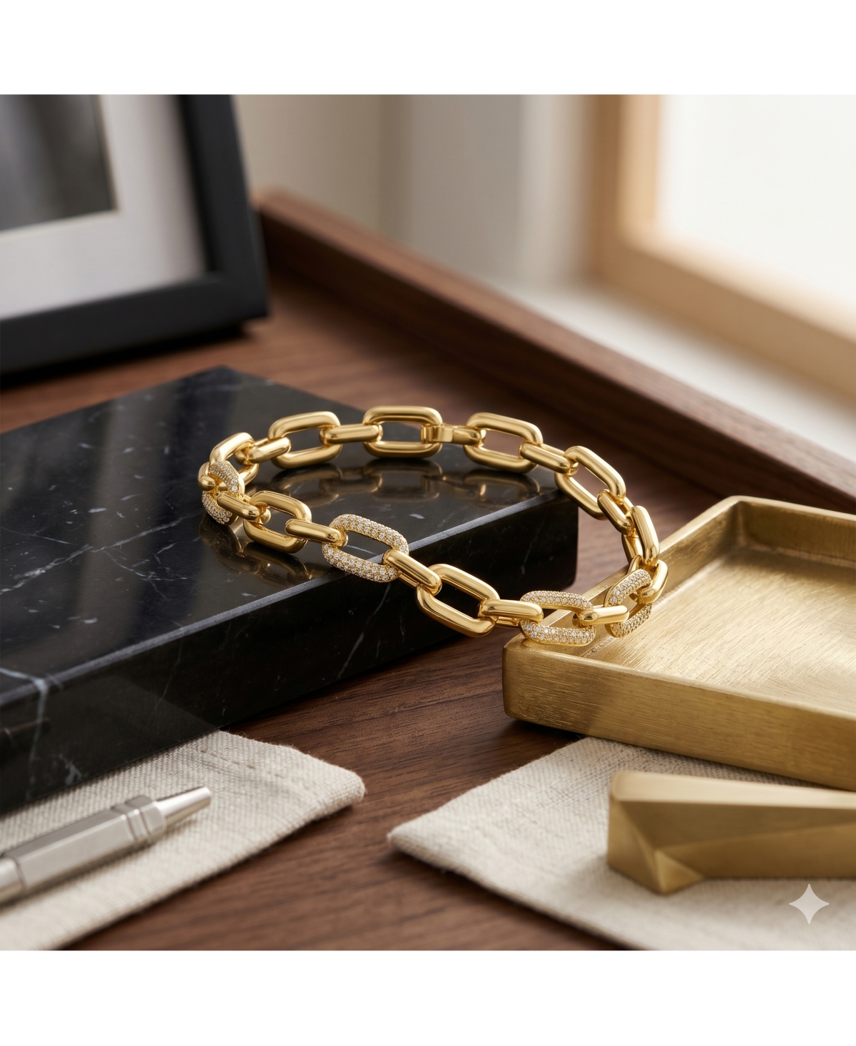 Simona Polished and Pave Cz Alternating Link Bracelet