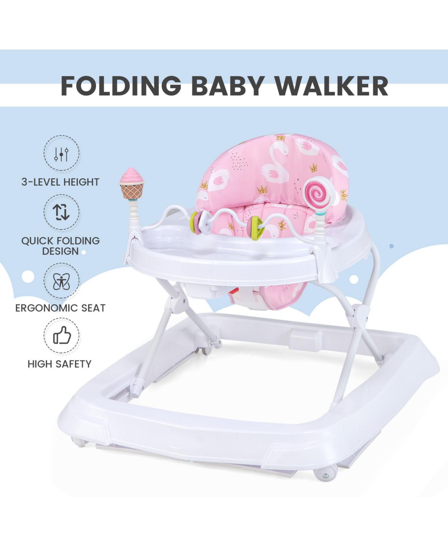 Baby Walker with Adjustable Heights, Foldable Frame, and Removable Seat