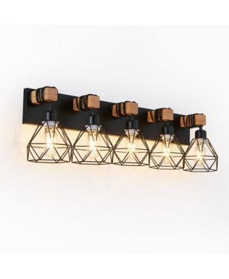31 Inch Modern Geometric 5 Light Vanity Light Fixture with Metal Wooden Accents and Cage Lampshade for Bathroom Bedroom Living Room No Bulb