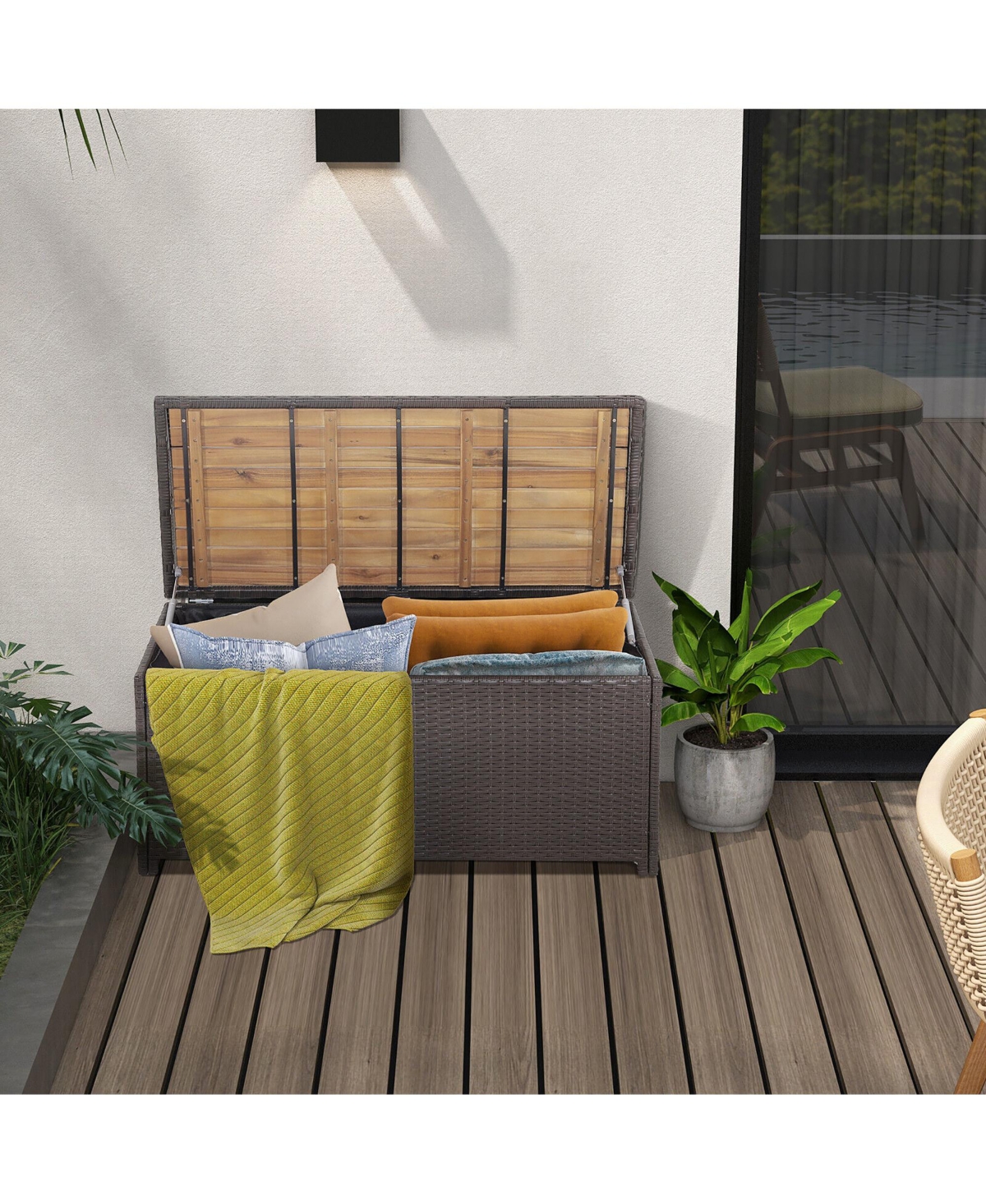 Gymax Patio Wicker Bench Deck Box with Acacia Wooden Seat Storage Bench Poolside Garden