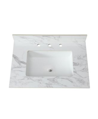 31/37/43/49 Inch Sintered Stone Bathroom Vanity Top with Ceramic Sink, 4 Inch Backsplash, 3 Faucet Holes, Fits Standard Cabinets