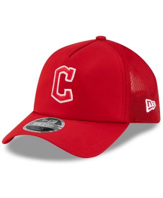 Men's Red Cleveland Guardians 2026 Batting Practice Apex 9FORTY Adjustable Trucker Hat
