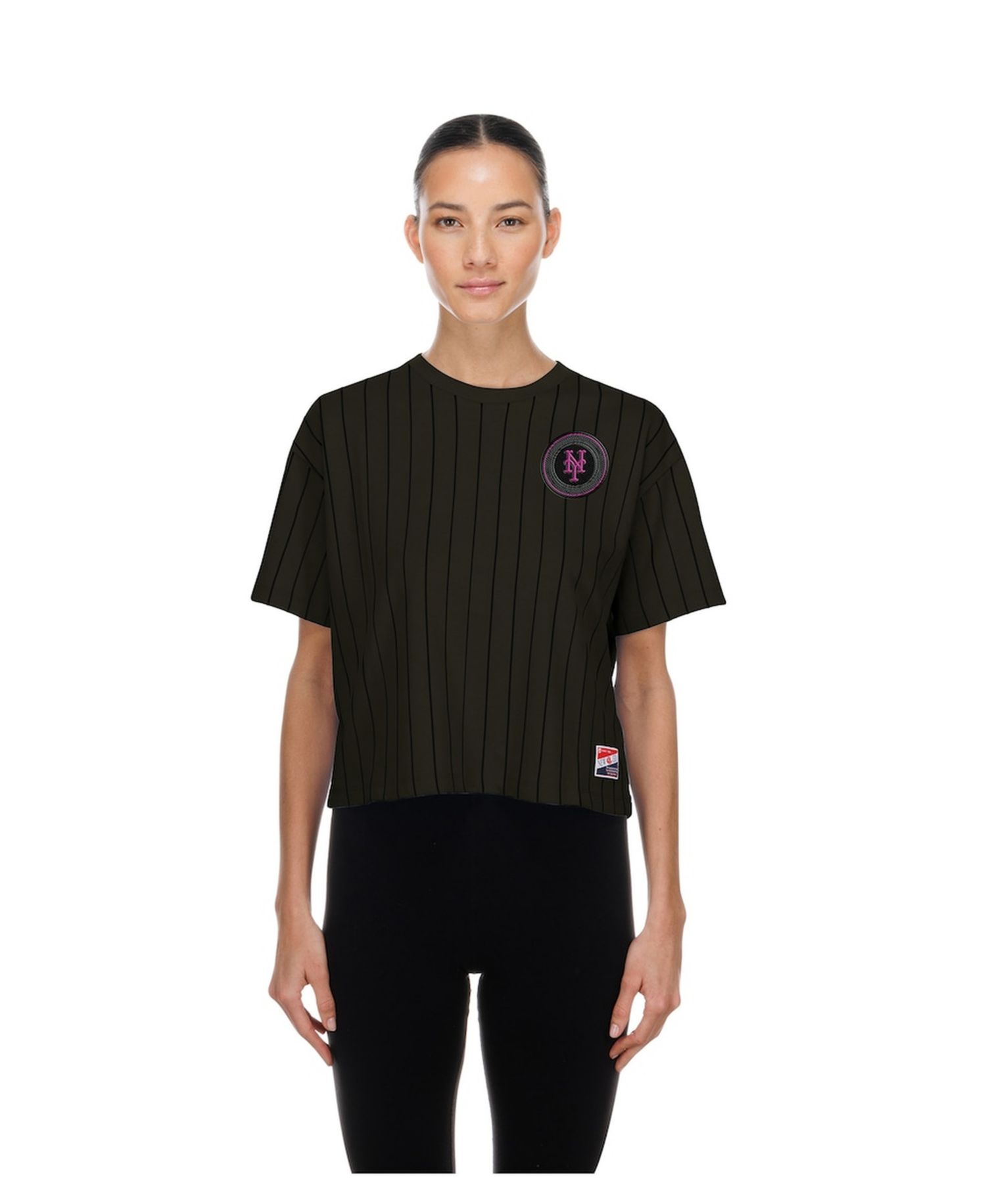 Women's Charcoal New York Mets City Connect Throwback Meshback Pinstripe Boxy T-Shirt