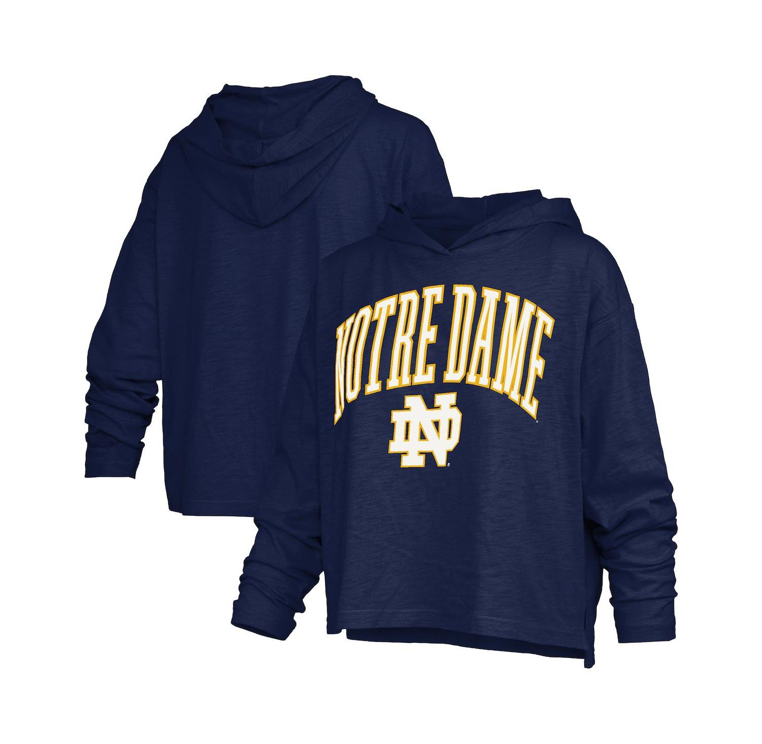 Women's Navy Notre Dame Fighting Irish Nelson Arch Over Logo Long Sleeve Hooded Slub T-Shirt