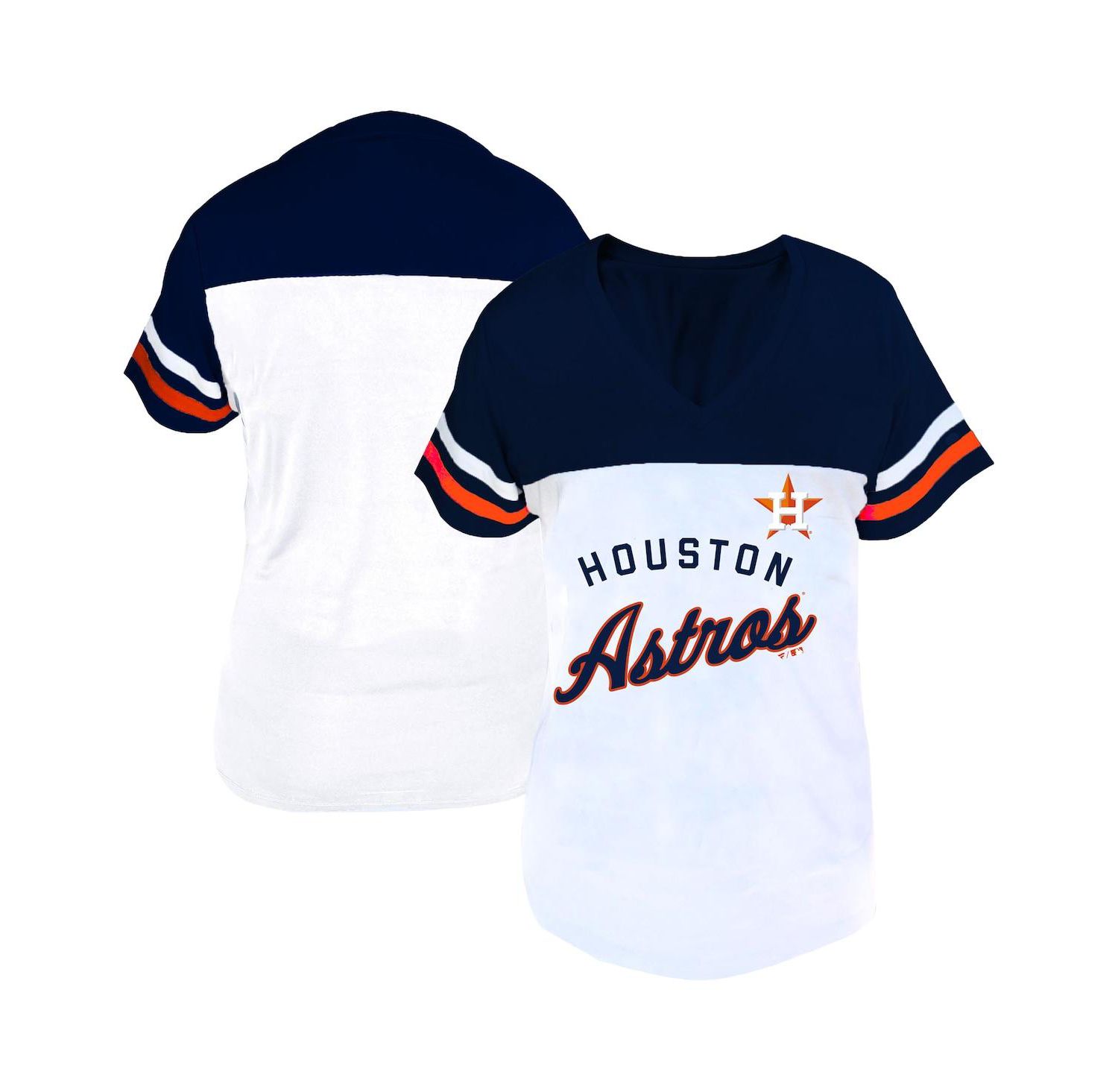 Women's White/Navy Houston Astros Plus Size Two-Stripe V-Neck T-Shirt