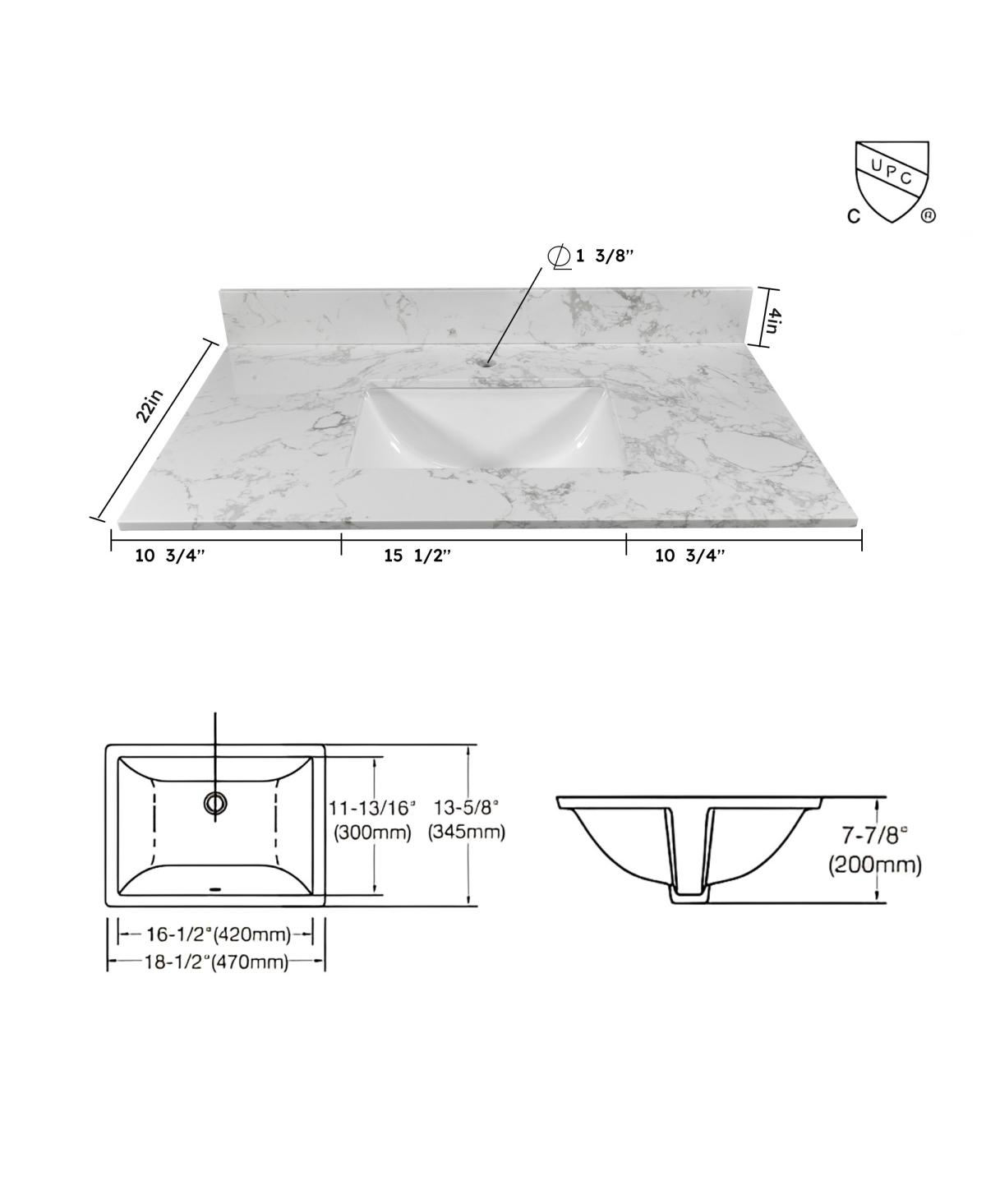 Sillysis 31/37/43 Inch Carrara Marble Stone Bathroom Vanity Top with Rectangular Undermount Sink and Backsplash