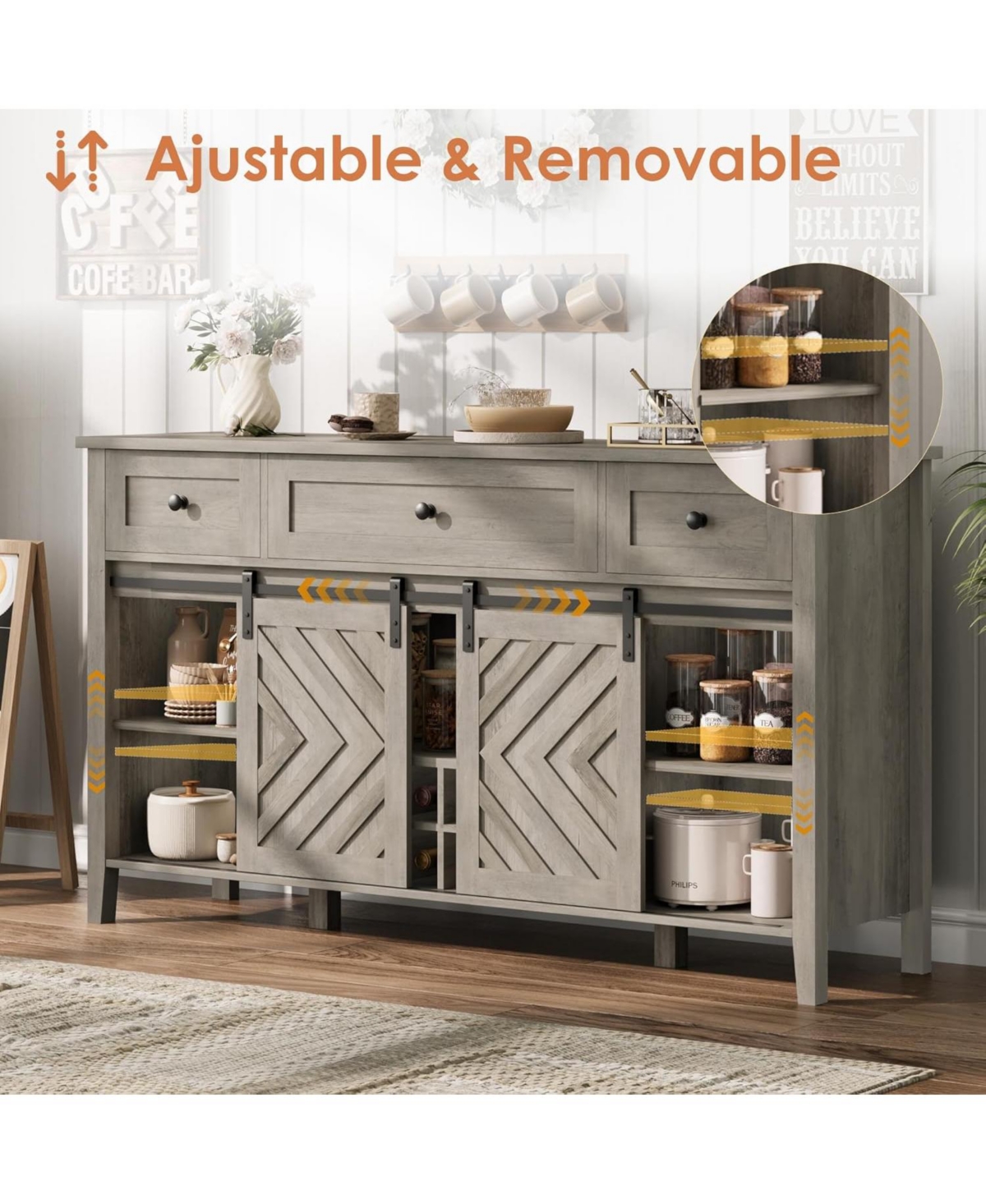 gaomon Farmhouse 59" Buffet Cabinet with Sliding Barn Door, 33.4" Tall Wood Rustic Sideboard with 3 Drawer