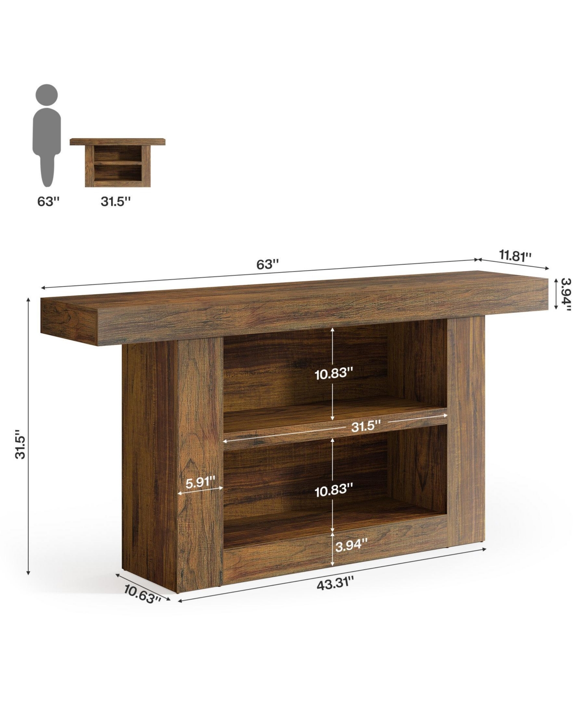 Slickblue 3-Tier Farmhouse Sofa Console Table with U-Shaped Base for Entryway