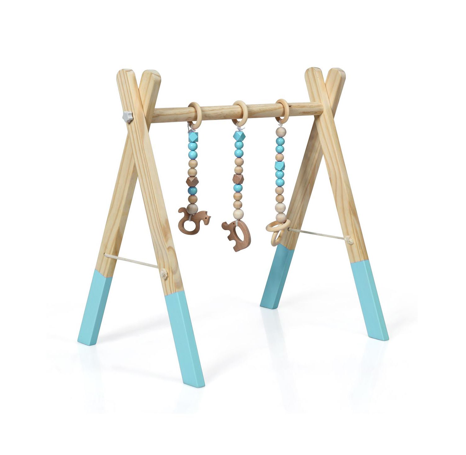 Toddler Wooden Gym with 3 Wooden Teething Toys Hanging Bar