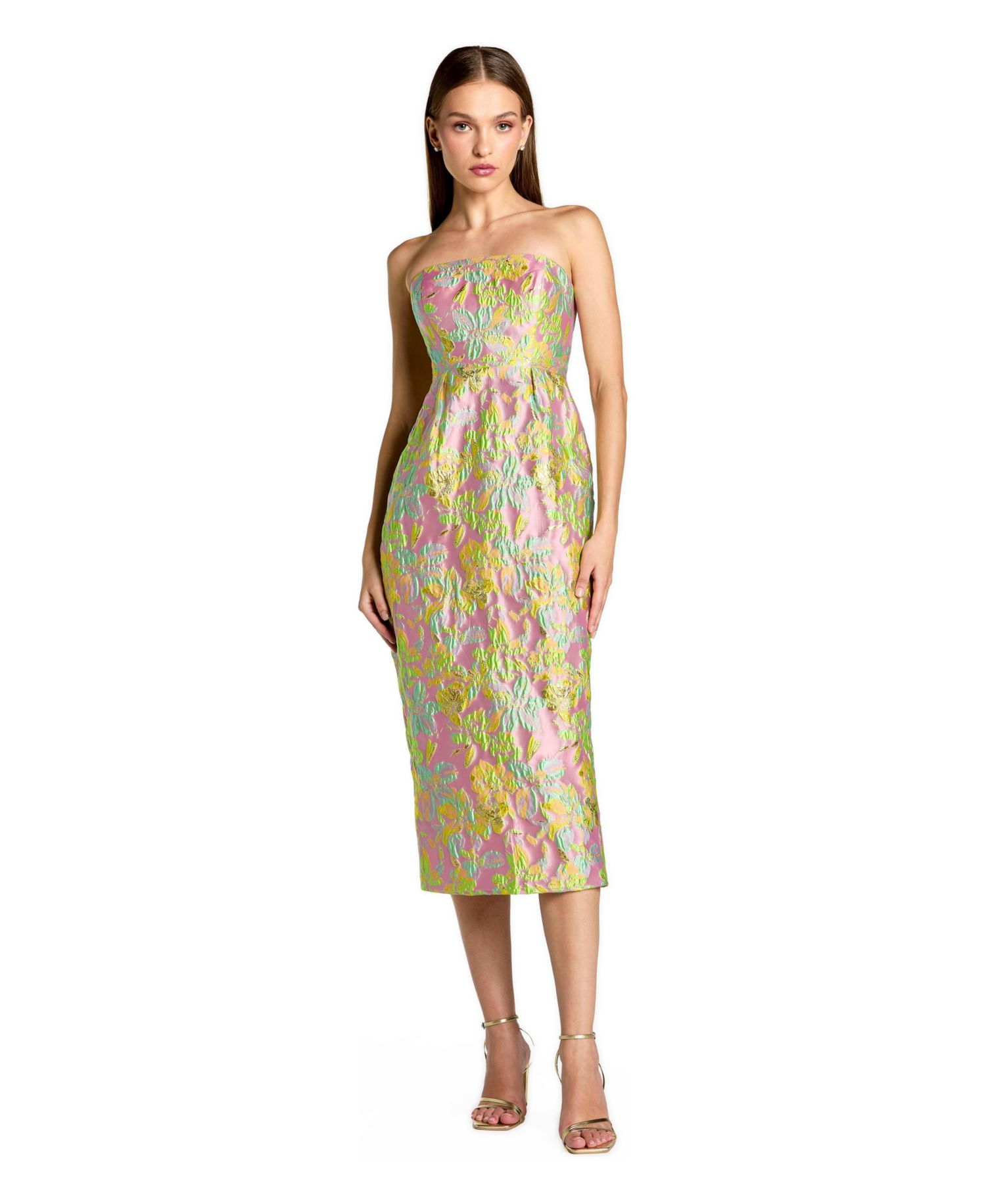 Women's Strapless Floral Brocade Midi Dress