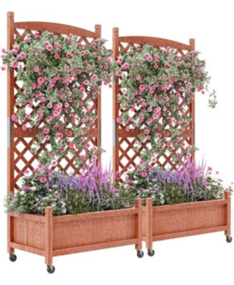 29.5" Wooden Raised Garden Bed with Trellis and Wheels, Planter Box for Climbing Plants Flowers, Outdoor Patio Balcony