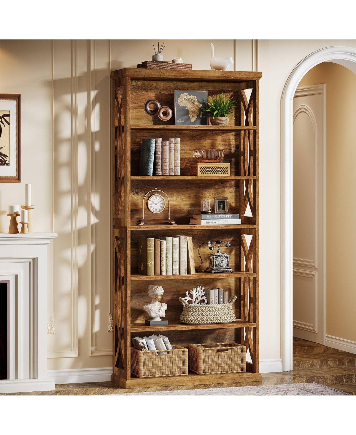 Slickblue Freestanding 6-Tier Bookcase with Wooden Shelves for Living Room