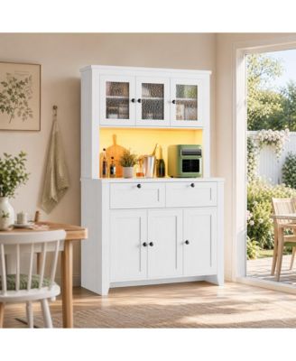 66 Inch Tall Pantry Cabinet with LED Lights and Charging Station, Kitchen Hutch Coffee Bar with Drawers and Adjustable Shelves