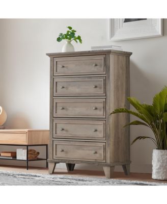 5-Drawer Tall Wooden Dresser with Anti-Tip Device and Metal Handles for Bedroom, Closet, Hallway, or Living Room