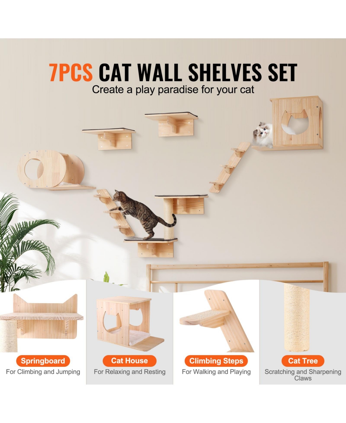 Cozito Wall Mounted Cat Shelves Set of 7 with Perches, Hammock and Pine Wood Platforms