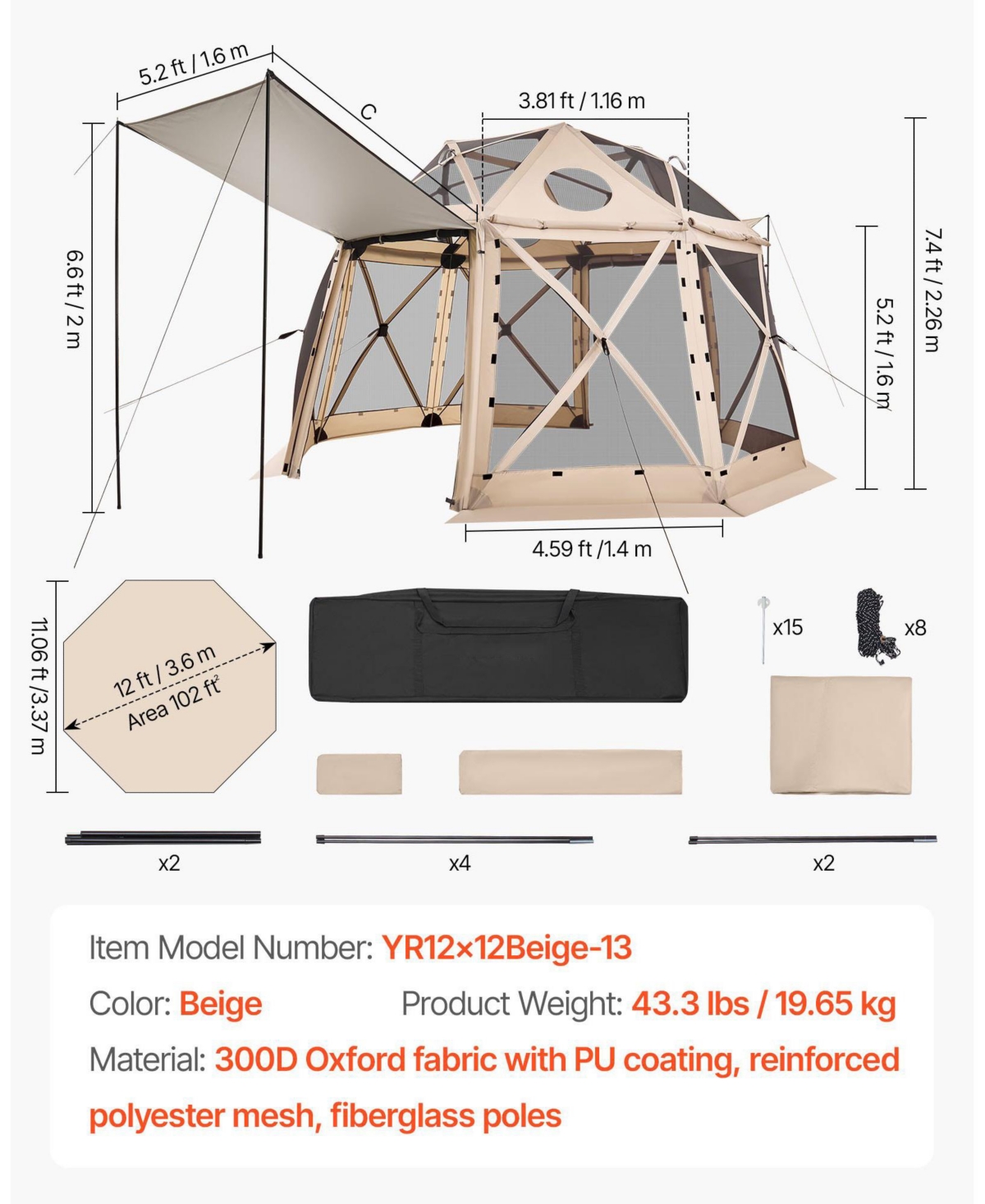 Cozito Pop Up Gazebo Screen Tent, 12 x 12 feet 13-Sided Spherical Canopy