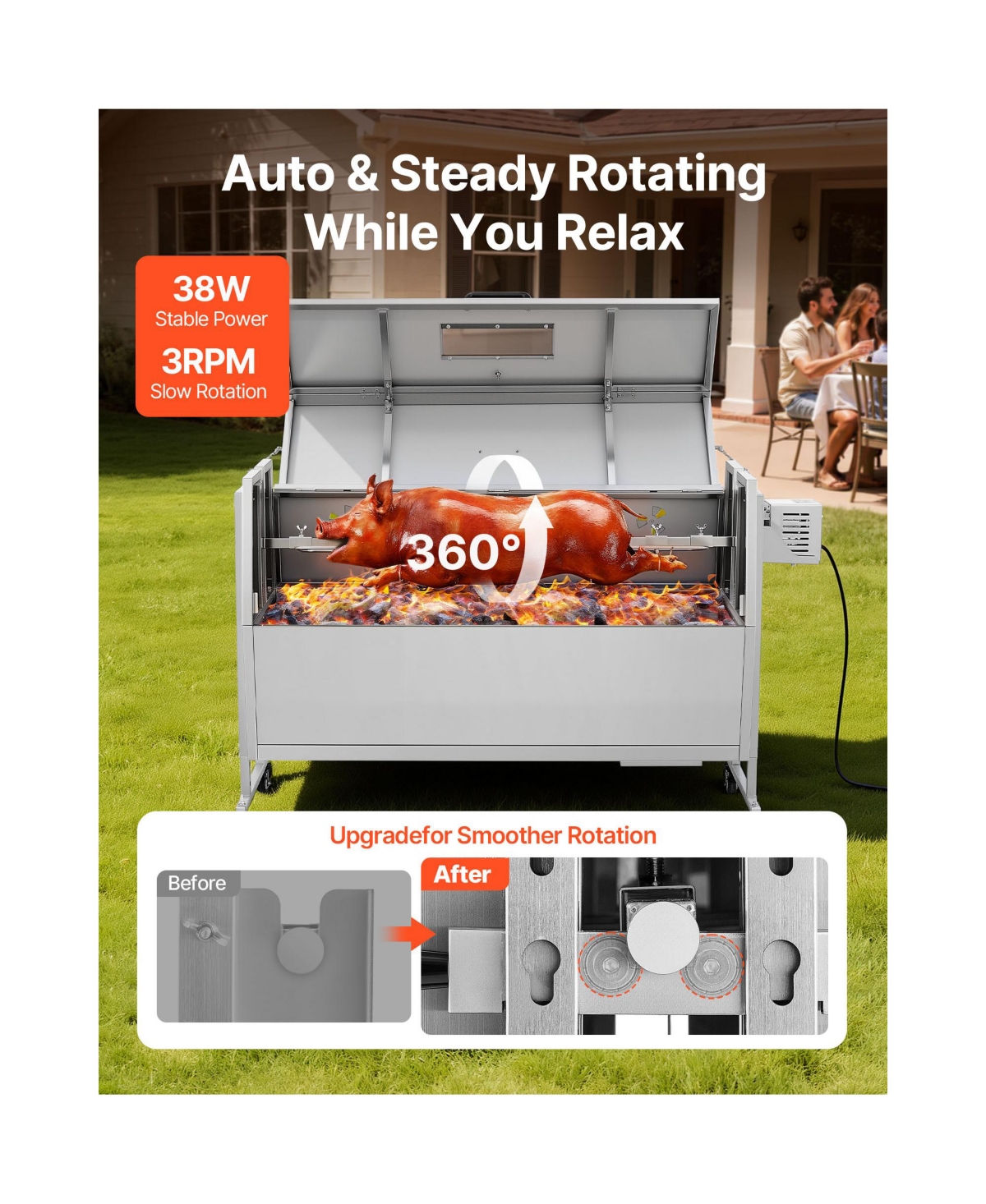 Cozito Rotisserie Grill, 38W Stainless Steel Spit Roaster with Wheels