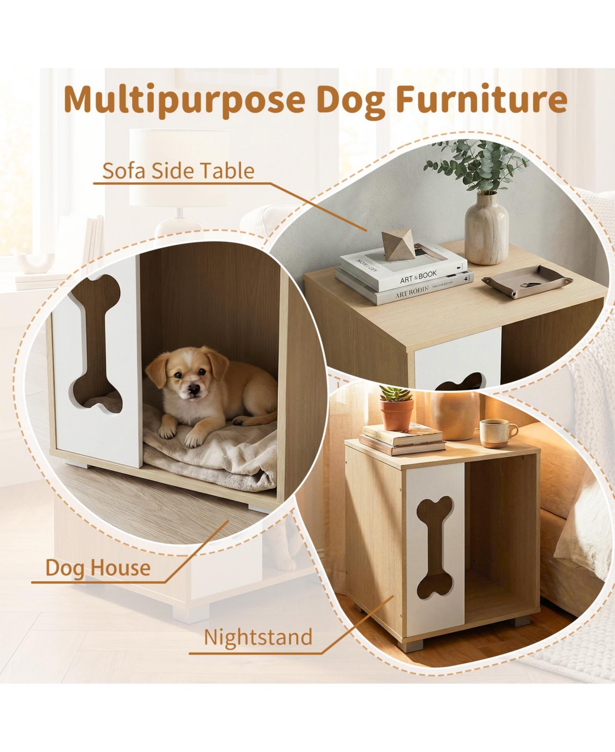 Cozito Cat Bed Side Table Wooden Cat Condo with Bone-Shape Window and Metal Legs