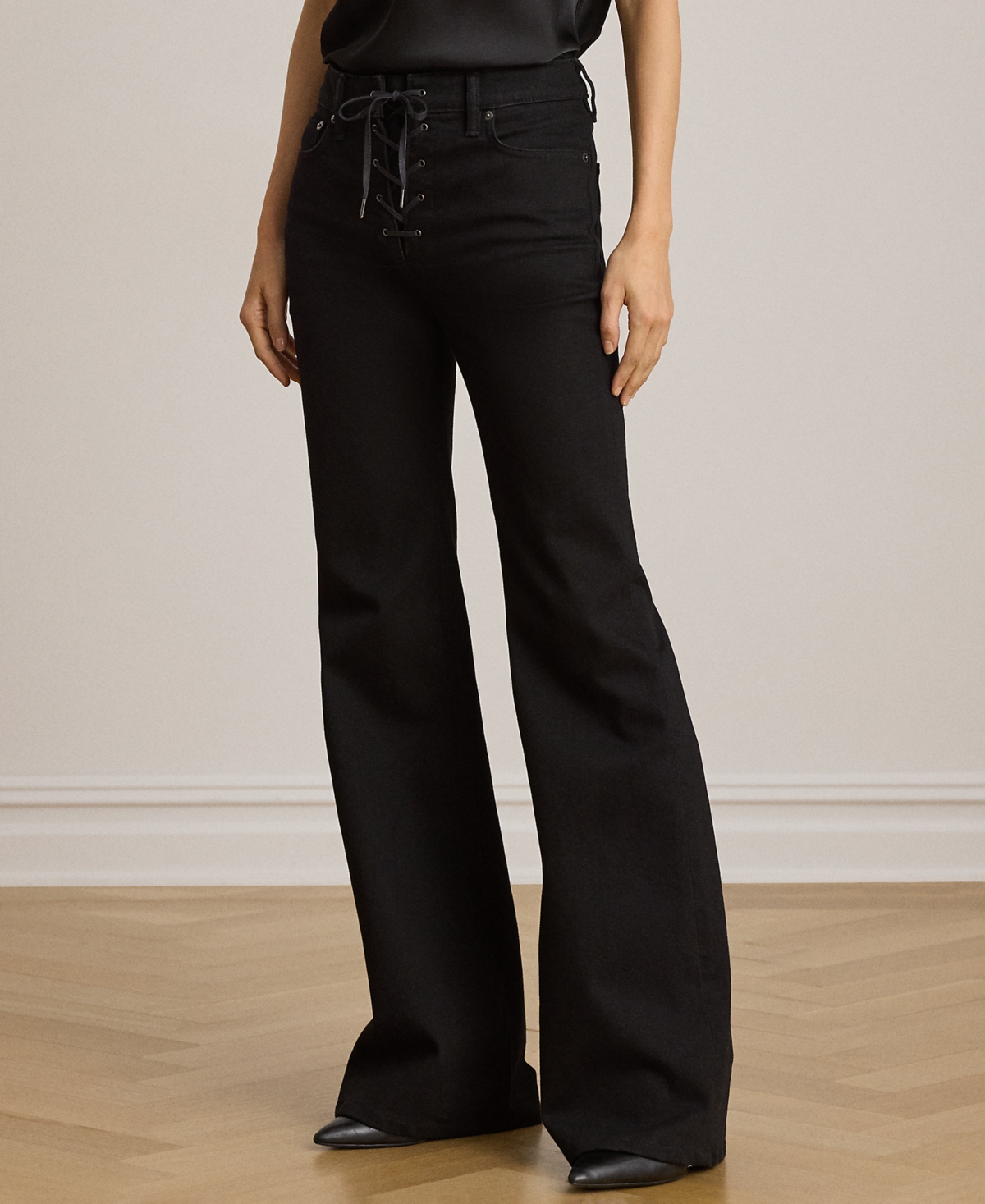 Ralph Lauren Petite Lace-up High-rise Flare Jeans In Black Wash
