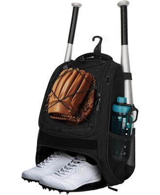 Youth Baseball Bag - Bat Backpack with Fence Hook and Separate Shoe Compartment, Waterproof Equipment Bag for Baseball, T-Ball and Softball