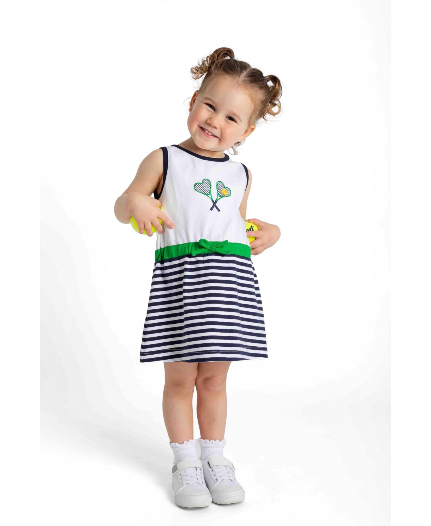 Little Girls Stripe Knit Dress with Tennis Rackets