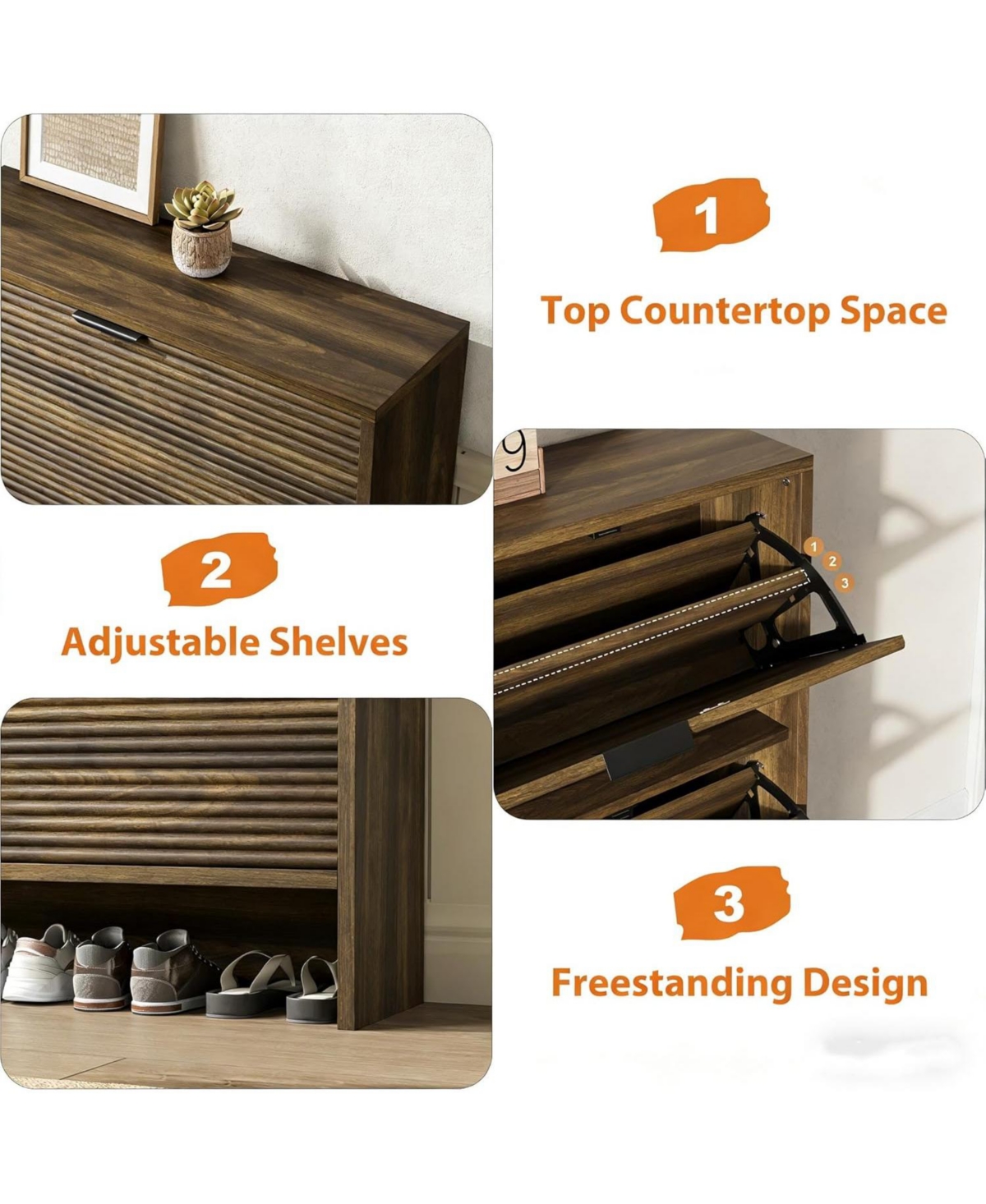 gaomon Tall, freestanding entryway shoe cabinet - built-in design with 3 flip-top drawers suitable for entryways, hallways, and living rooms.