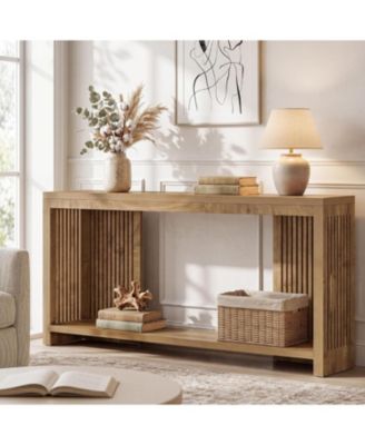 70.9-Inch Long Entryway Table with 2-Tier Storage, Farmhouse Narrow Sofa Console Table with Vertical Stripe Legs