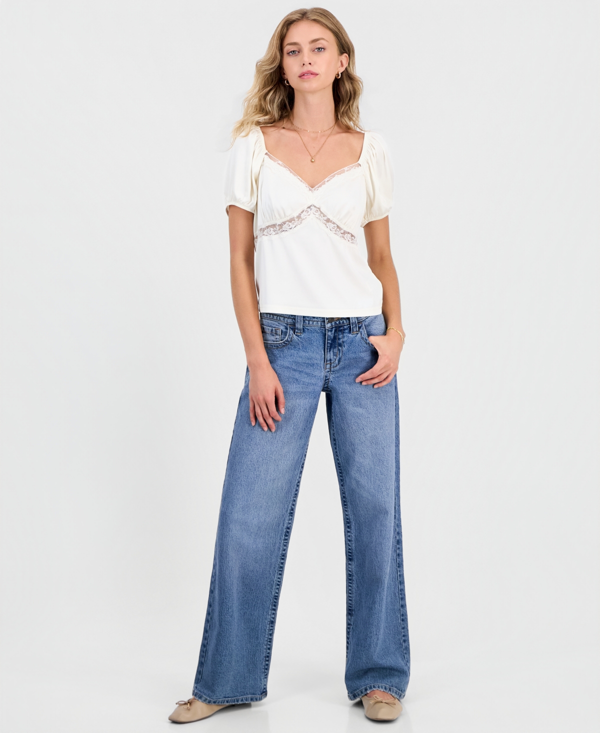 Celebrity Pink Juniors' Lace-Trim Satin Puff-Sleeve Top