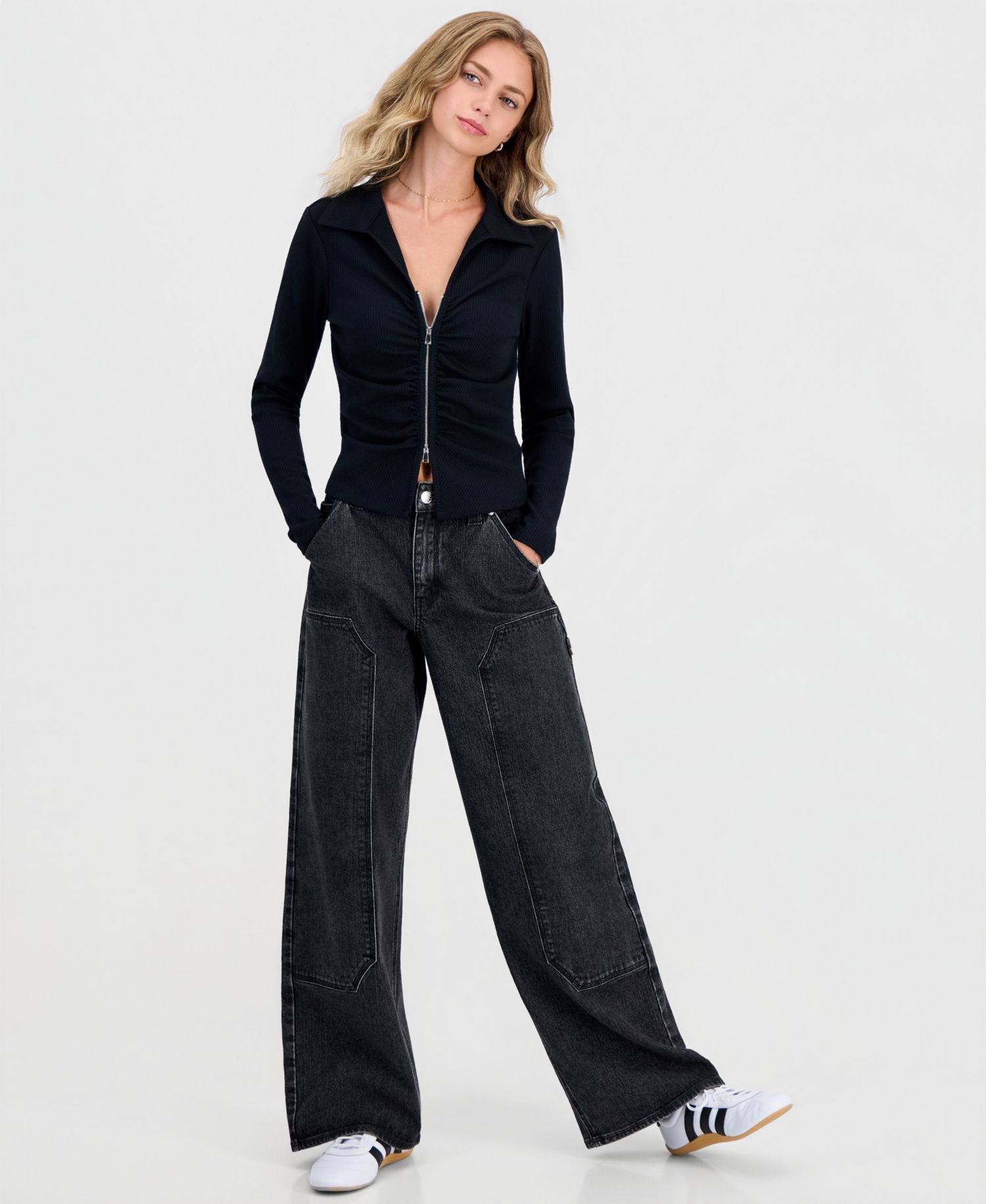 Juniors' Zip-Front Ribbed Knit Top