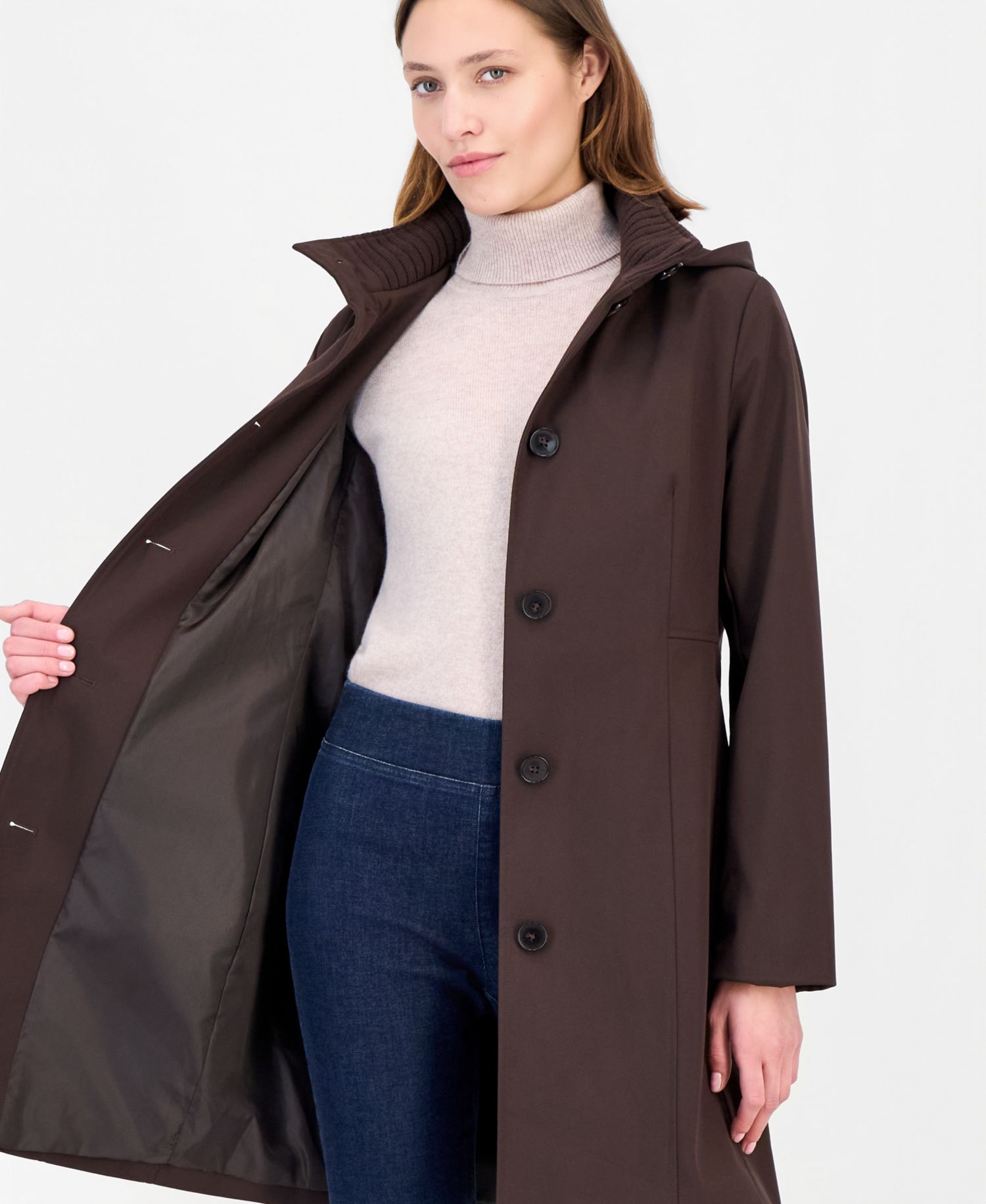 Women's Hooded Button-Front Knit Collar Coat, Created for Macy's