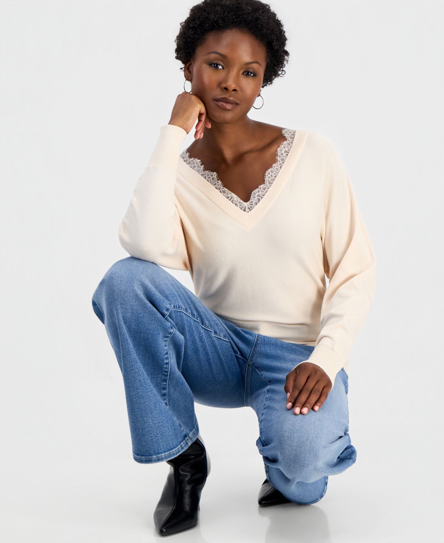 Petite Lace Trim Double V Neck Dolman Long-Sleeve Viscose-Blend Sweater