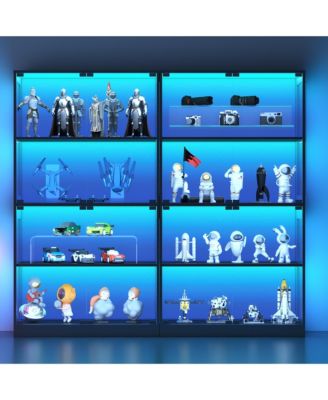 Set of 2 Glass Display Cabinet 4-Tier - Curio Cabinet with Glass Doors and 3-Color LED Lights, Human Sensor, USB Charging Ports