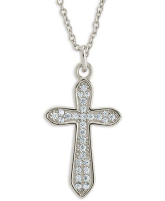 Rhodium-Plated Brass Pave Cubic Zirconia Cross Pendant Necklace