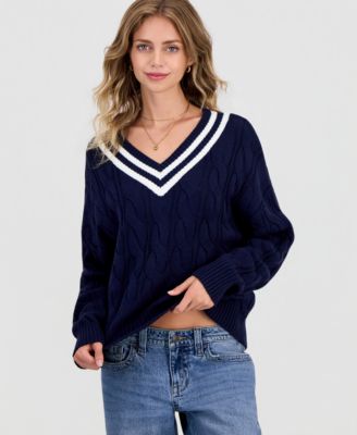 Juniors' V-Neck Varsity Cable-Knit Sweater