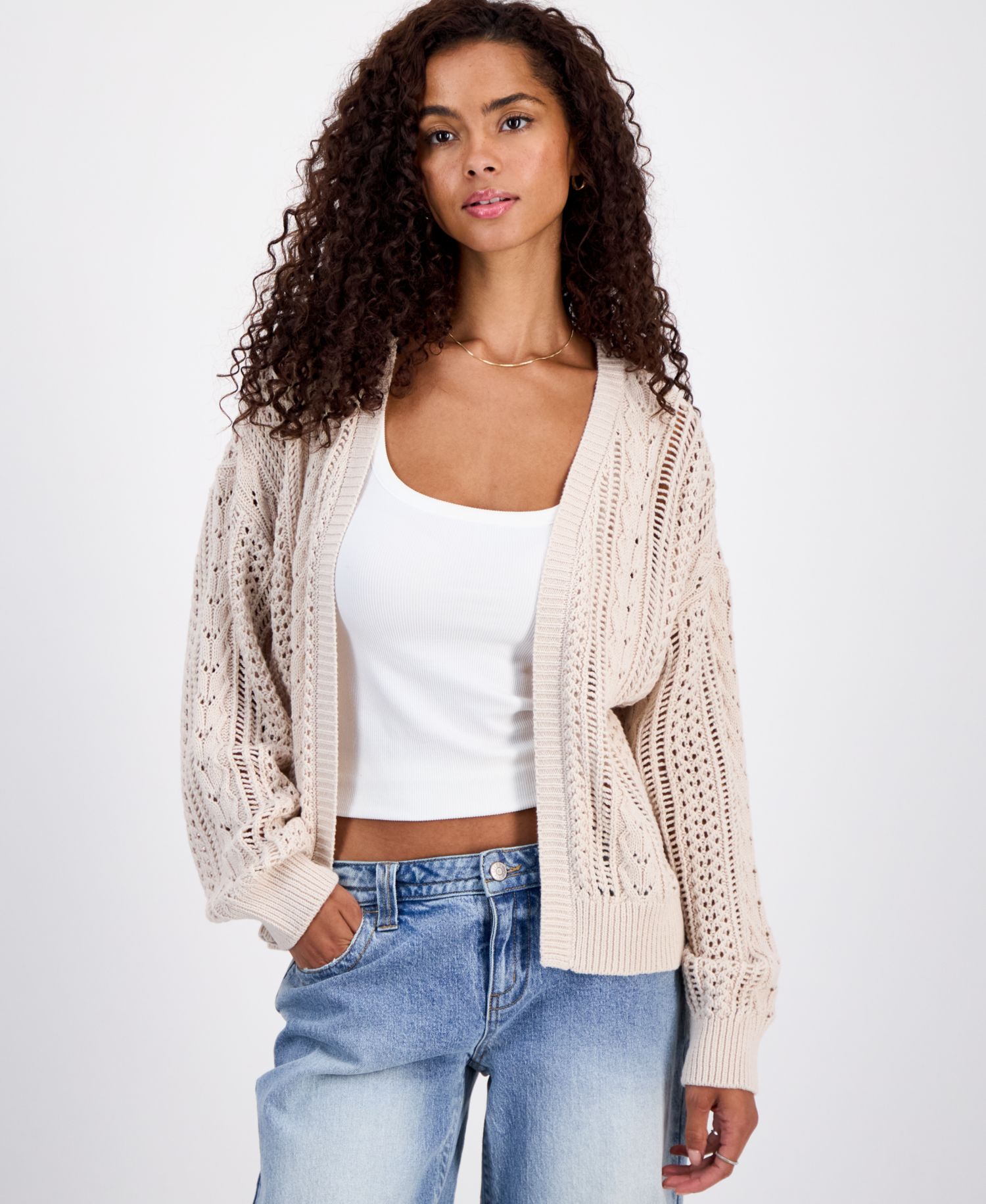 Juniors' Pointelle Open-Front Cardigan