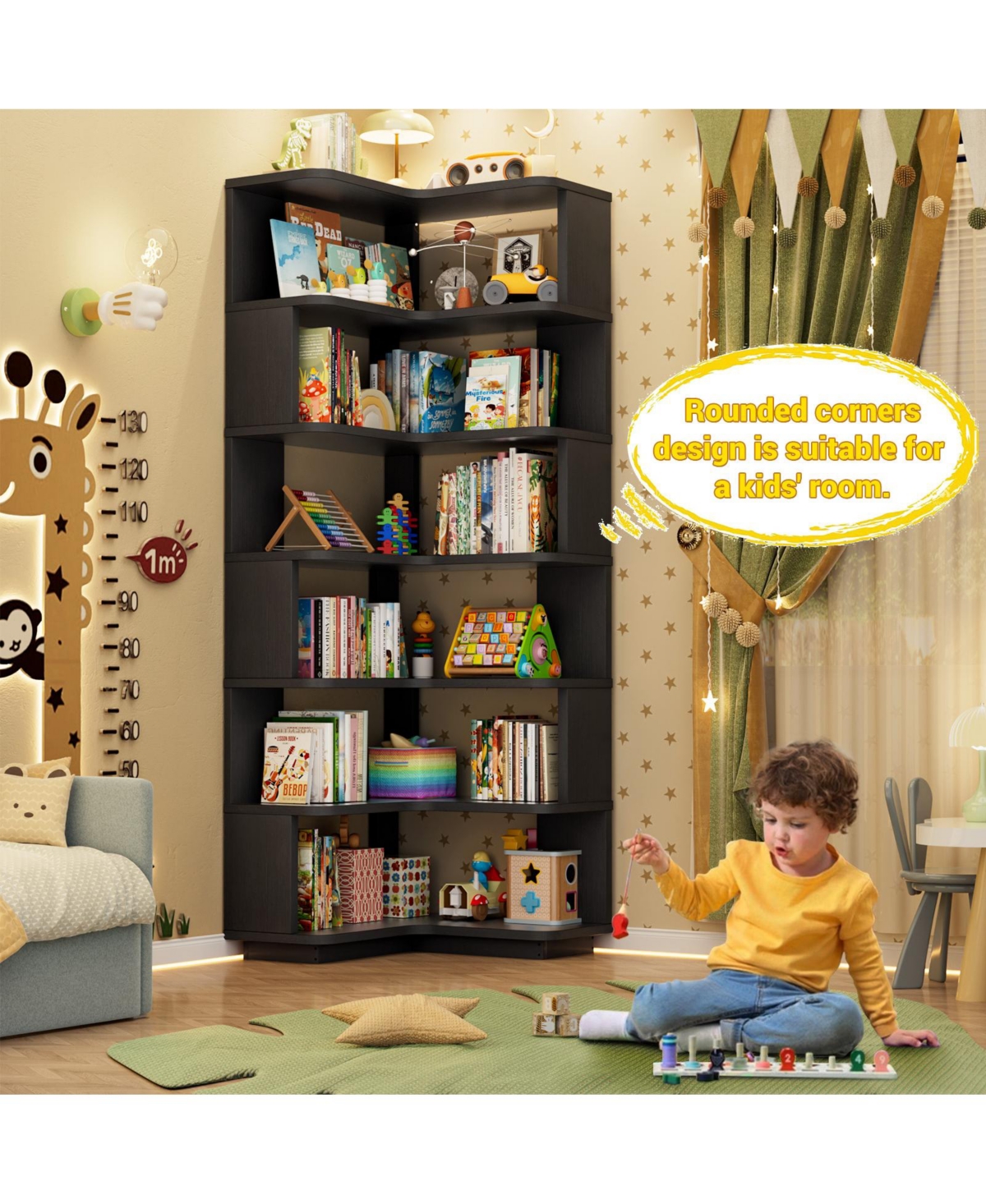 Aheaplus 6-Tier Corner Bookshelf, Space-saving Bookcase Display Storage Shelf