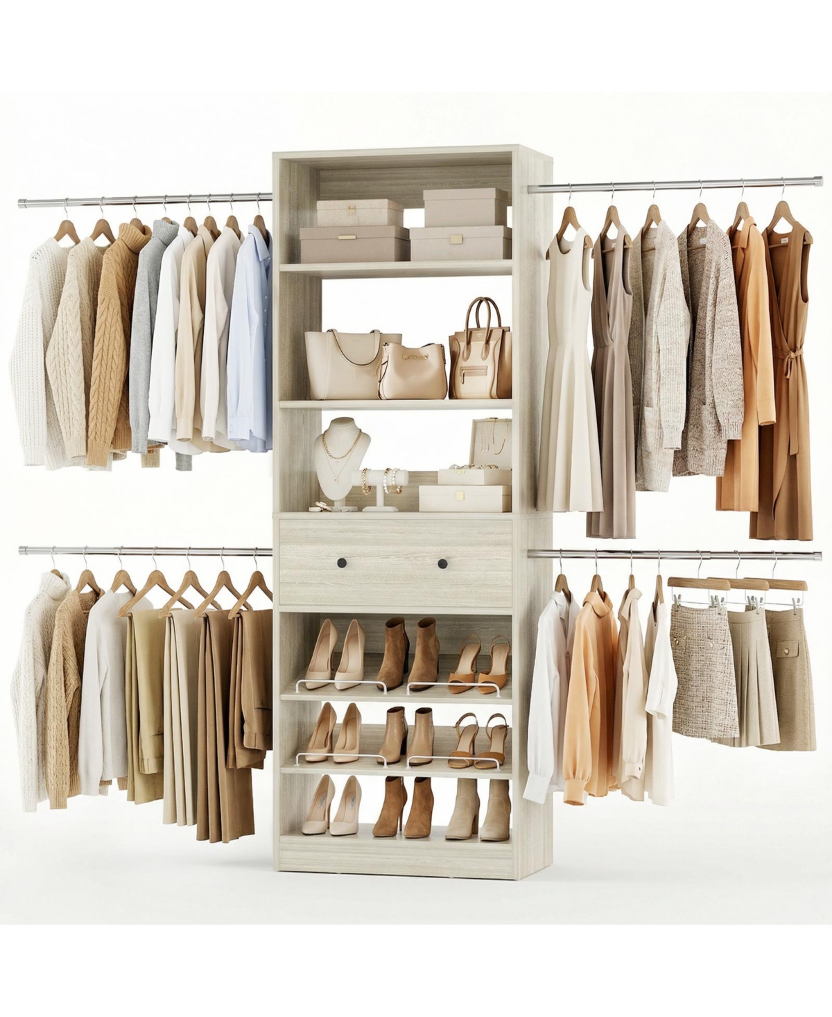 Aheaplus Wood Closet Organizer System with Drawer and 4 Hanging Rods, Heavy Duty Walk-in