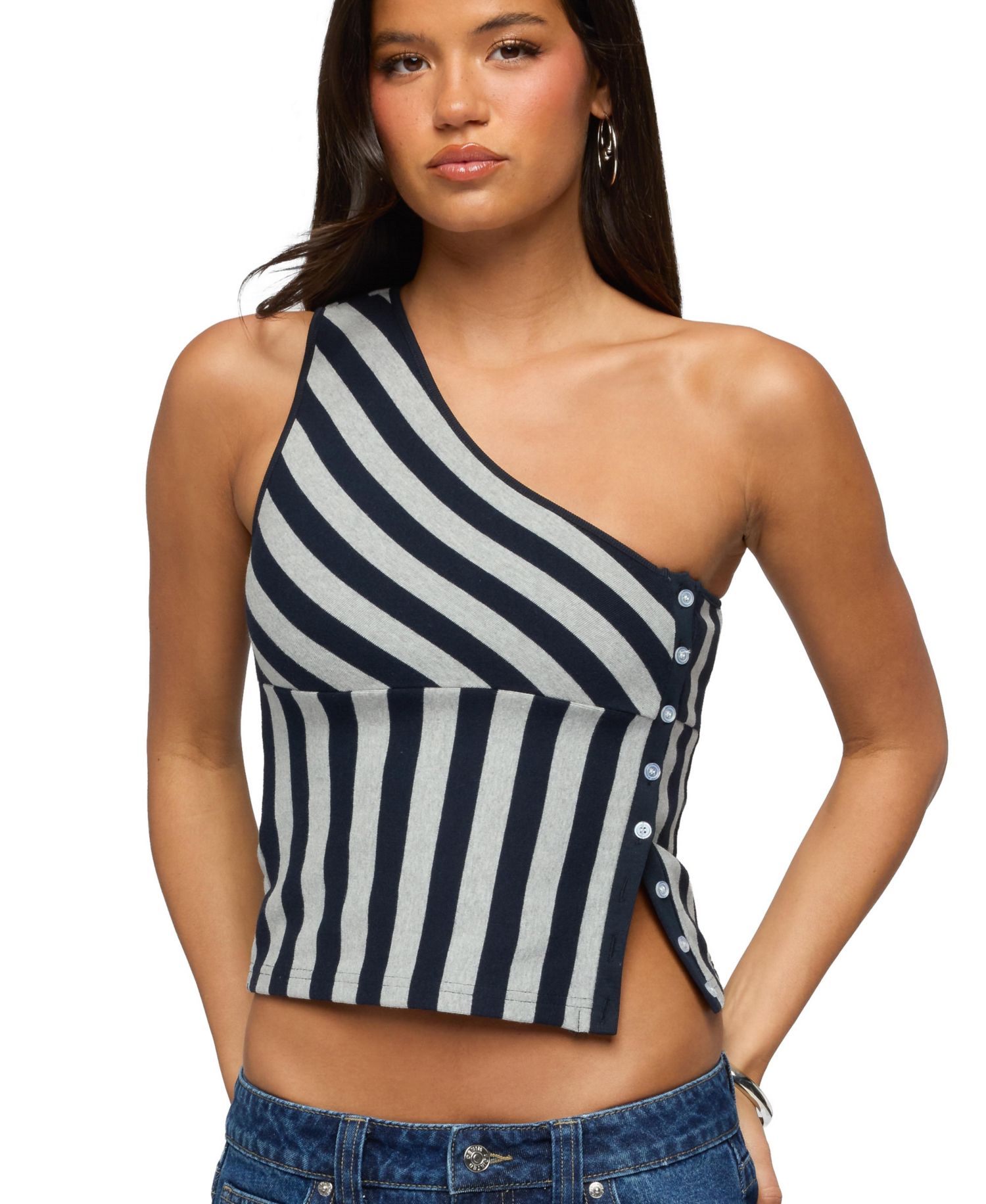 Women's Button Striped One Shoulder Top