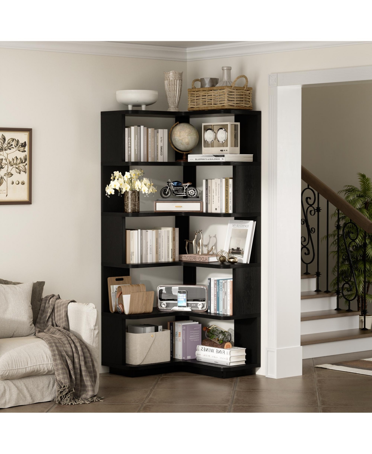 Aheaplus 5-Tier Corner Bookshelf, Space-saving Bookcase Display Storage Shelf