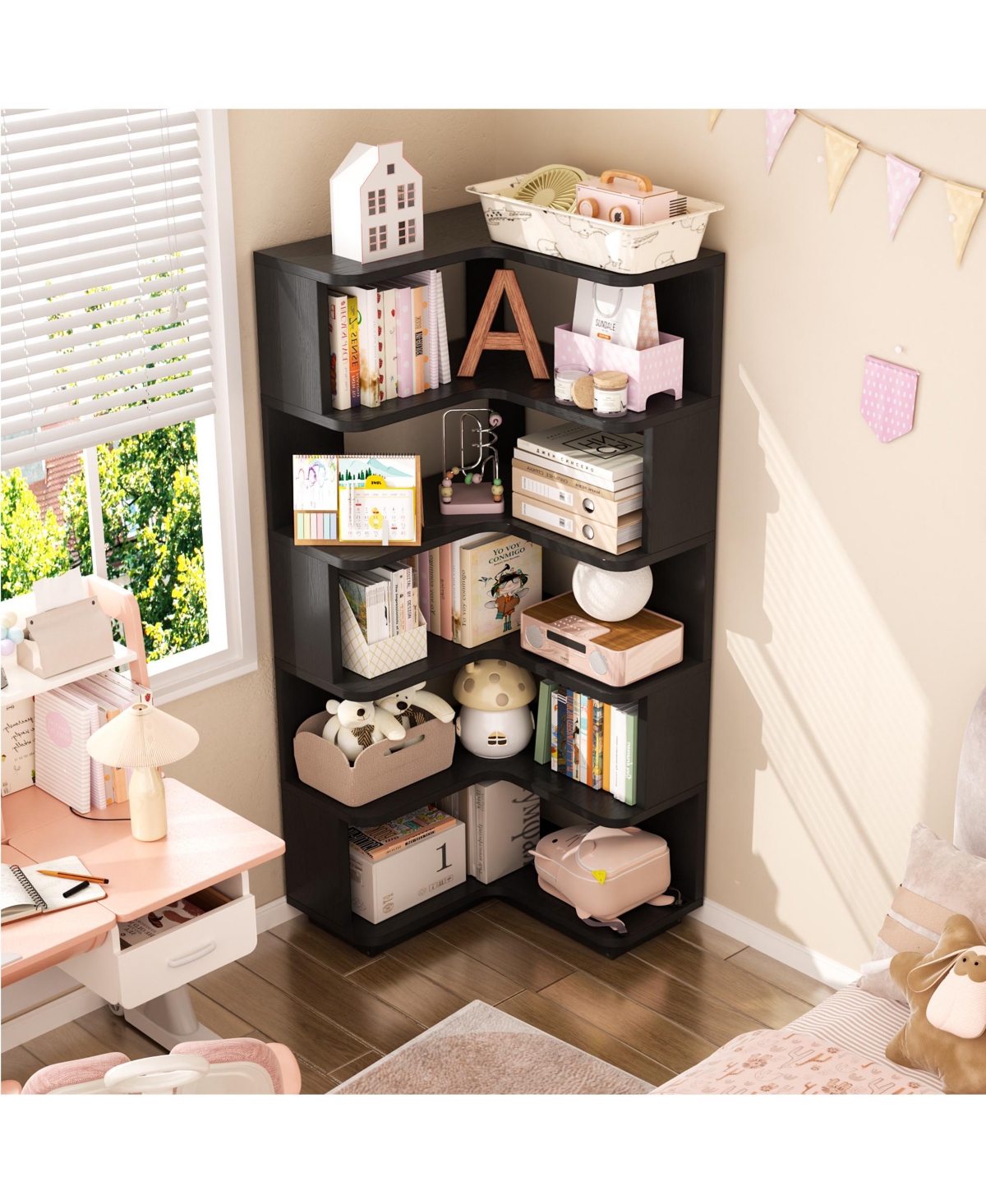 Aheaplus 5-Tier Corner Bookshelf, Space-saving Bookcase Display Storage Shelf