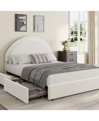 Upholstered Platform Bed Frame with Round Headboard, Storage Drawers, Wood Slat Support, No Box Spring Needed